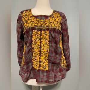 Boho Plaid Maroon Tunic Blouse Yellow Floral Embroidery Long Sleeve Top XS